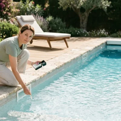 mujer poniendo a punto su piscina para el verano