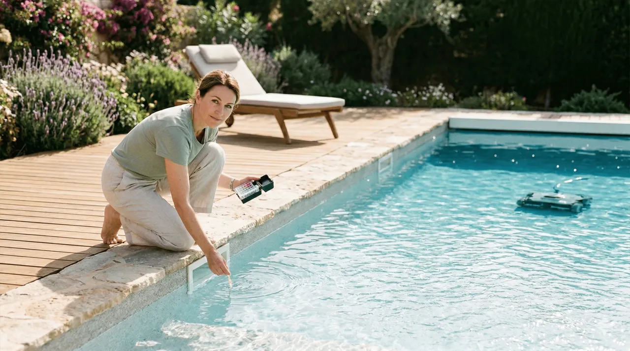 mujer poniendo a punto su piscina para el verano