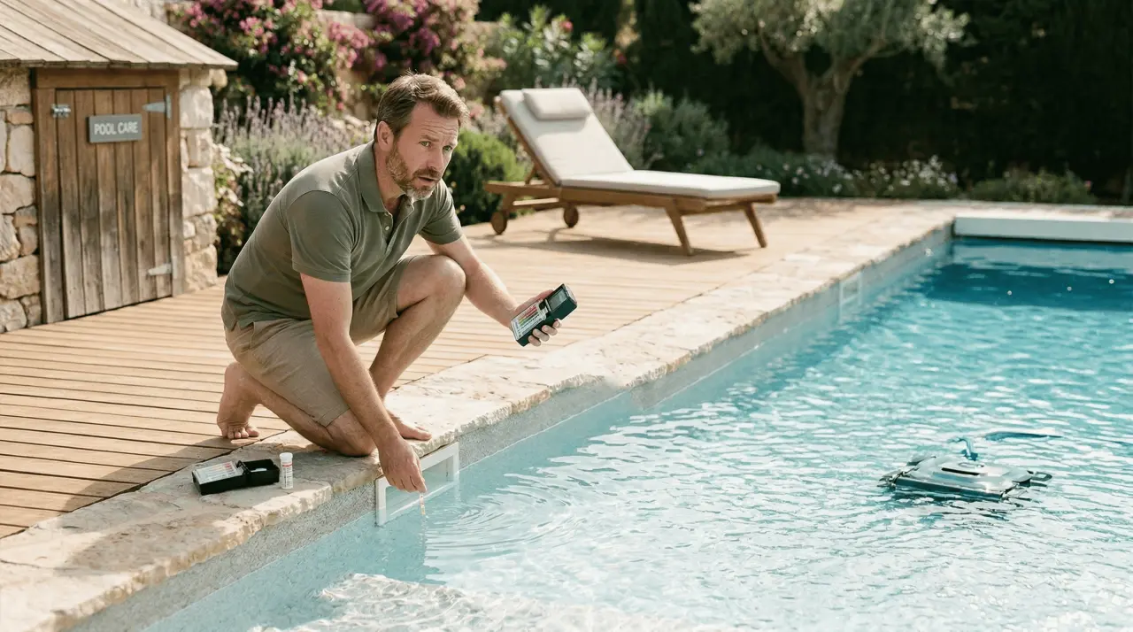 hombre midiendo el ph y cloro de su piscina para dejarla a punto 